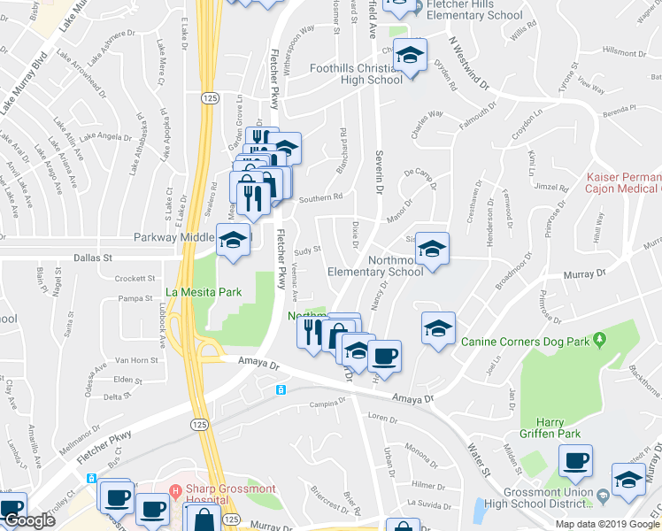 map of restaurants, bars, coffee shops, grocery stores, and more near 6116 West Manor Drive in La Mesa