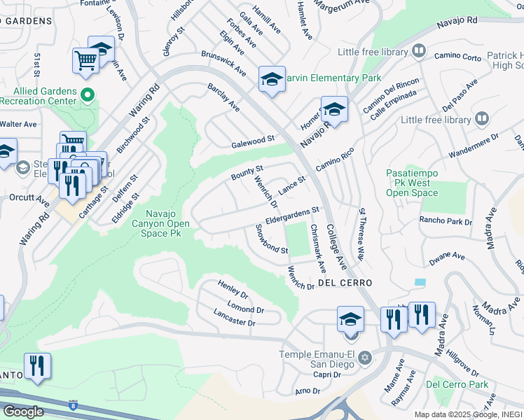 map of restaurants, bars, coffee shops, grocery stores, and more near 5814 Eldergardens Street in San Diego