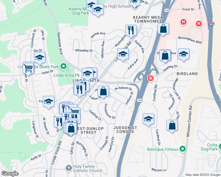 map of restaurants, bars, coffee shops, grocery stores, and more near 7405 Hyatt Street in San Diego