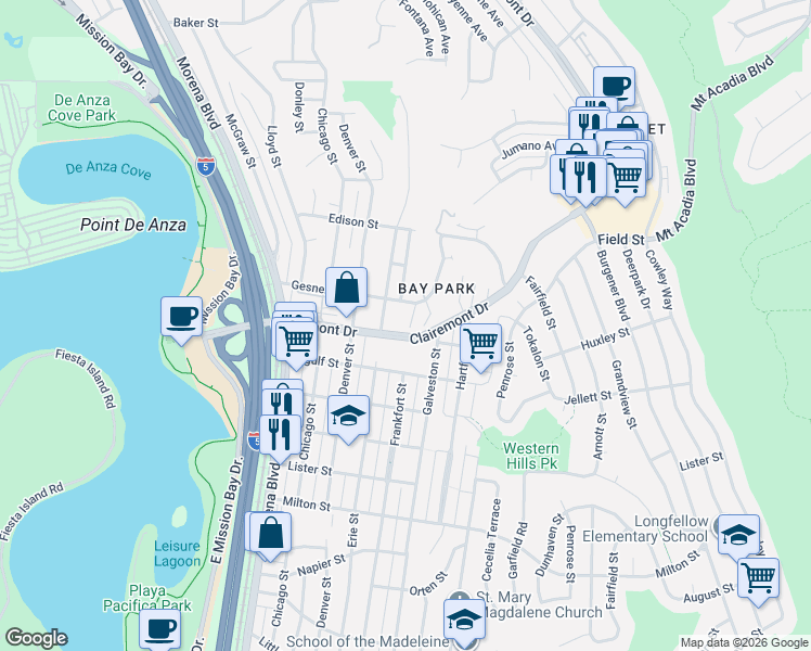 map of restaurants, bars, coffee shops, grocery stores, and more near 2708 Frankfort Street in San Diego