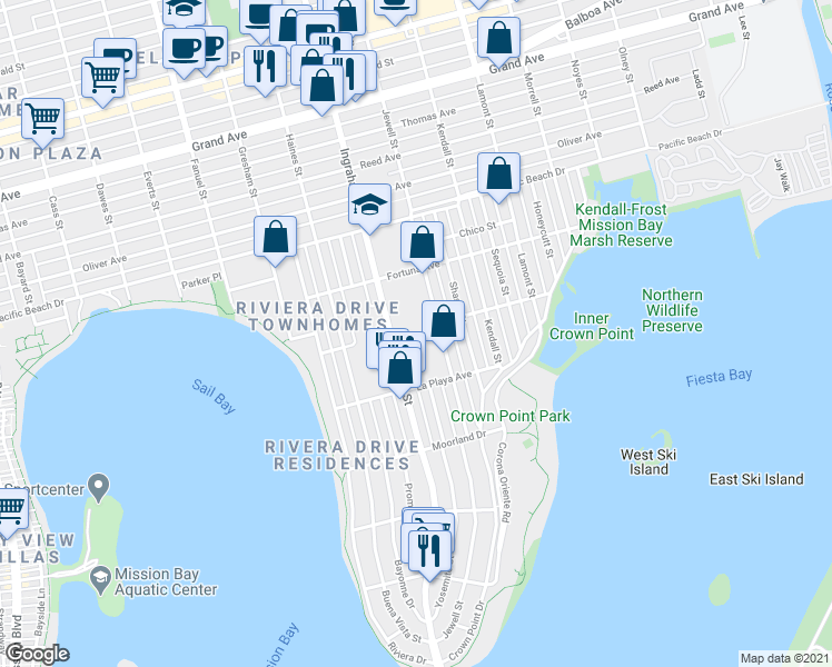 map of restaurants, bars, coffee shops, grocery stores, and more near 3843 Ingraham Street in San Diego