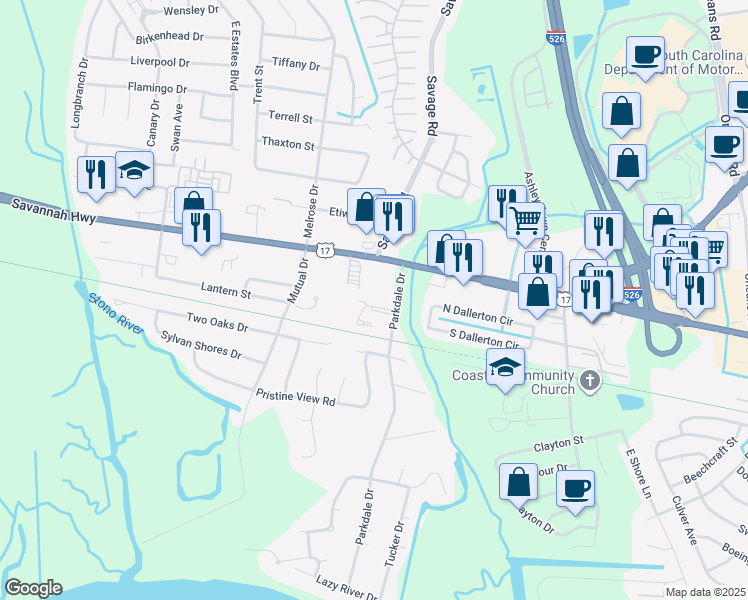 map of restaurants, bars, coffee shops, grocery stores, and more near 519 Applebee Way in Charleston