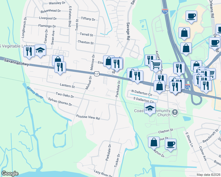 map of restaurants, bars, coffee shops, grocery stores, and more near 519 Applebee Way in Charleston