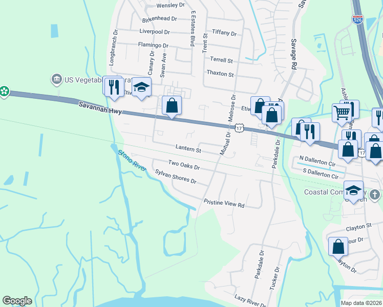 map of restaurants, bars, coffee shops, grocery stores, and more near 2420 Two Oaks Drive in Charleston