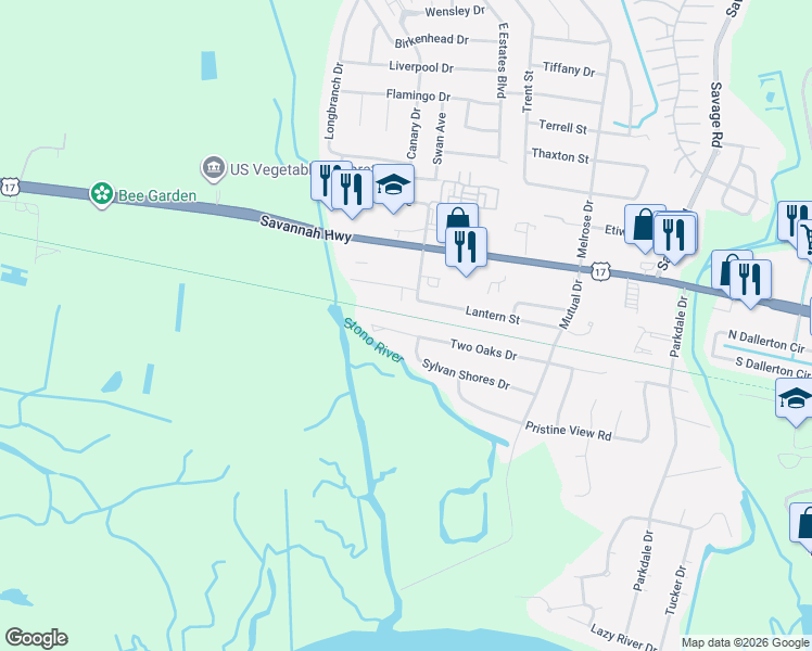 map of restaurants, bars, coffee shops, grocery stores, and more near 2503 Two Oaks Drive in Charleston