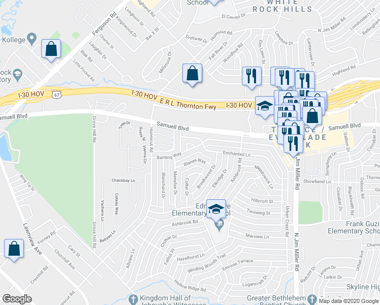 map of restaurants, bars, coffee shops, grocery stores, and more near 5311 Blaney Way in Dallas