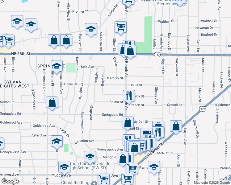 map of restaurants, bars, coffee shops, grocery stores, and more near 3836 Kearby Street in Haltom City