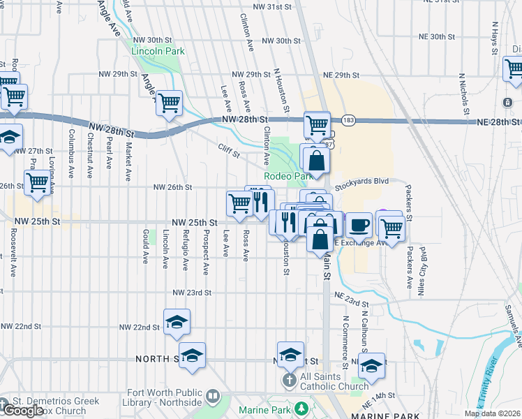 map of restaurants, bars, coffee shops, grocery stores, and more near 2418 Clinton Avenue in Fort Worth