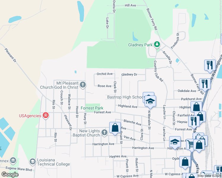 map of restaurants, bars, coffee shops, grocery stores, and more near 1000-1298 Crepe Myrtle Ave in Bastrop