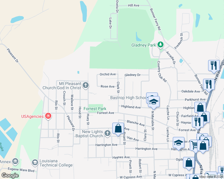 map of restaurants, bars, coffee shops, grocery stores, and more near 1000-1298 Crepe Myrtle Ave in Bastrop