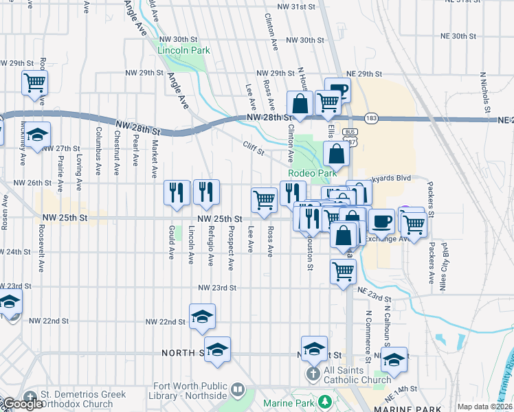 map of restaurants, bars, coffee shops, grocery stores, and more near 502 Northwest 25th Street in Fort Worth