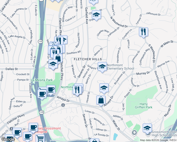 map of restaurants, bars, coffee shops, grocery stores, and more near 6161-63 Horton Drive in La Mesa