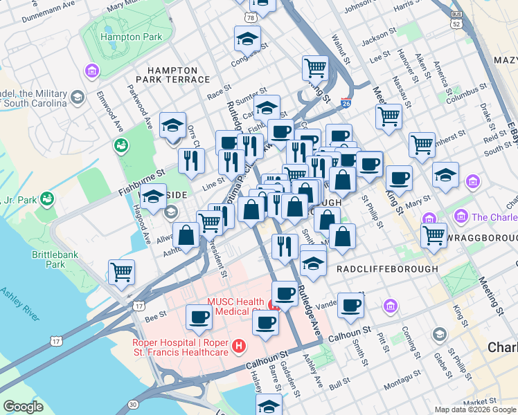 map of restaurants, bars, coffee shops, grocery stores, and more near in Charleston