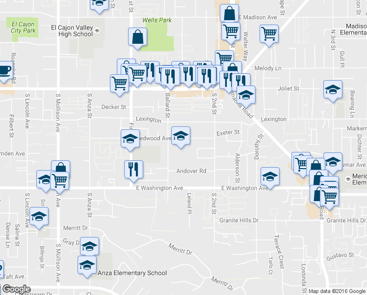 map of restaurants, bars, coffee shops, grocery stores, and more near 405 Ballard Street in El Cajon