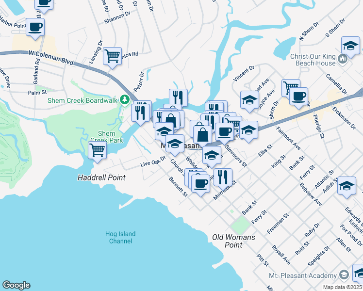 map of restaurants, bars, coffee shops, grocery stores, and more near in Mount Pleasant