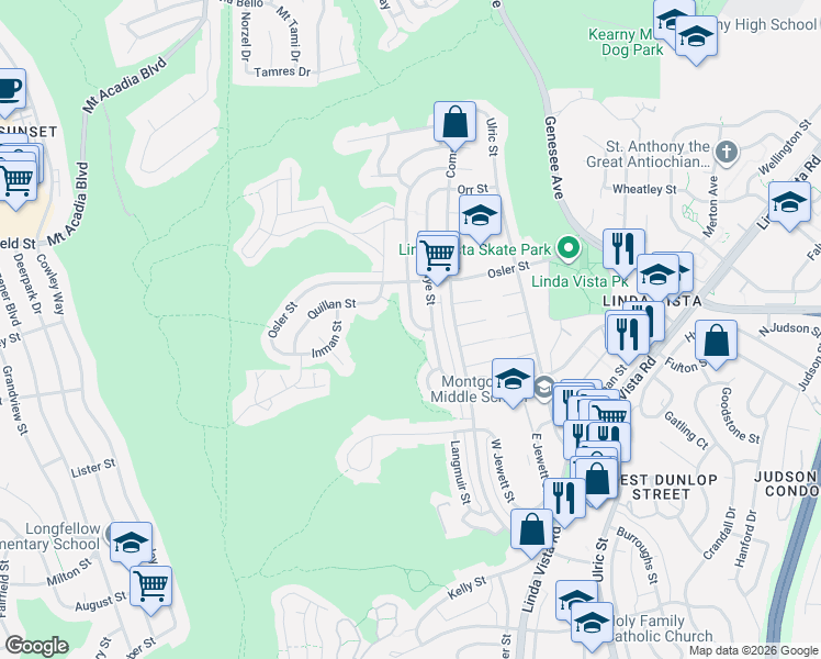 map of restaurants, bars, coffee shops, grocery stores, and more near 2628 Preece Street in San Diego