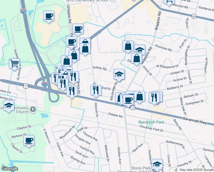 map of restaurants, bars, coffee shops, grocery stores, and more near 1915 2nd Drive in Charleston