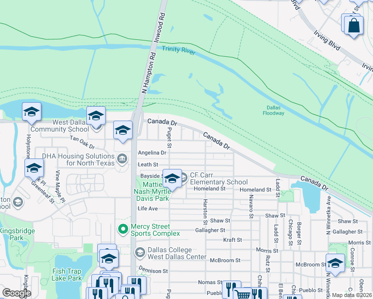 map of restaurants, bars, coffee shops, grocery stores, and more near 1938 Angelina Drive in Dallas