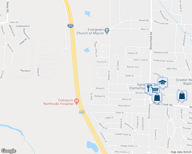 map of restaurants, bars, coffee shops, grocery stores, and more near 2942 Emerson Circle in Macon