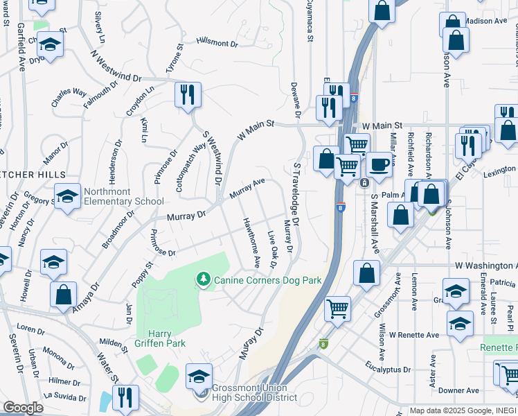 map of restaurants, bars, coffee shops, grocery stores, and more near 474 Live Oak Drive in El Cajon