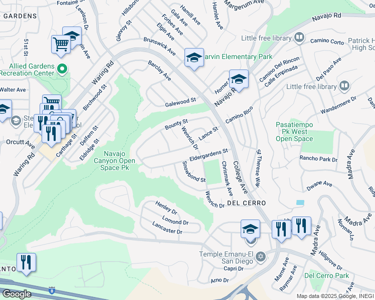 map of restaurants, bars, coffee shops, grocery stores, and more near 5814 Eldergardens Street in San Diego