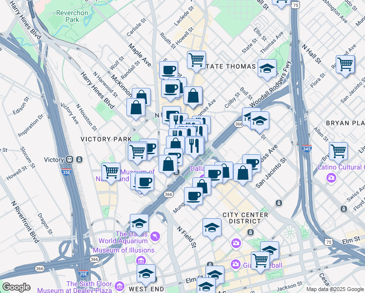 map of restaurants, bars, coffee shops, grocery stores, and more near 2121 North Harwood Street in Dallas