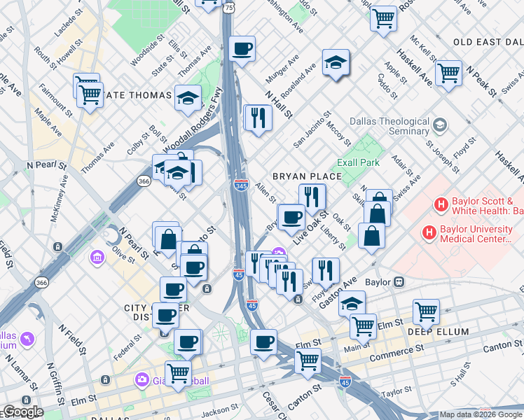 map of restaurants, bars, coffee shops, grocery stores, and more near 904 Texas Street in Dallas