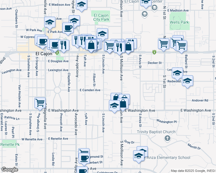 map of restaurants, bars, coffee shops, grocery stores, and more near 477 South Lincoln Avenue in El Cajon