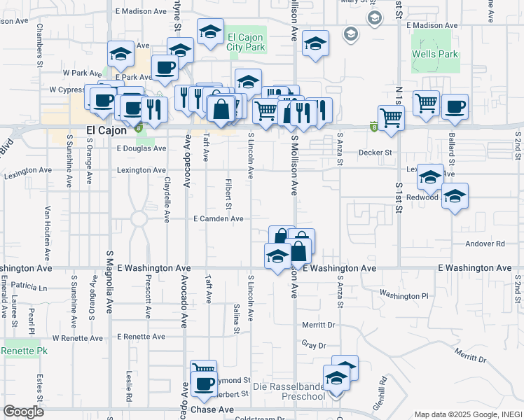 map of restaurants, bars, coffee shops, grocery stores, and more near 477 South Lincoln Avenue in El Cajon