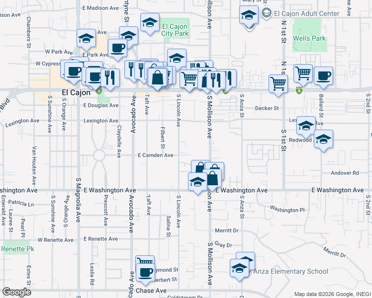 map of restaurants, bars, coffee shops, grocery stores, and more near 713 East Camden Avenue in El Cajon