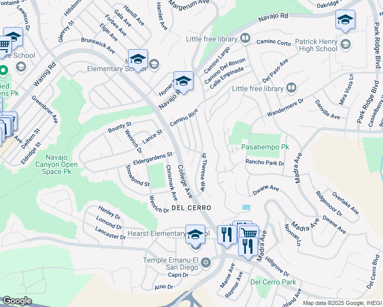 map of restaurants, bars, coffee shops, grocery stores, and more near 6184 Lourdes Terrace in San Diego