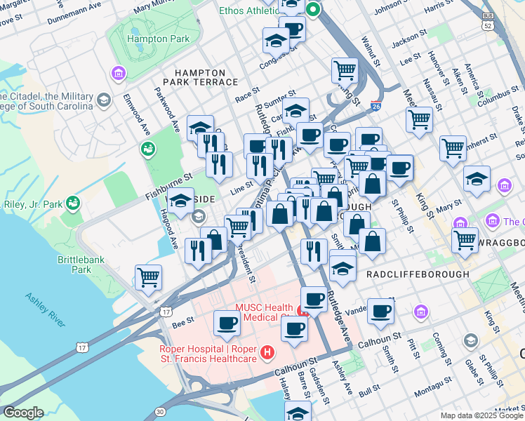 map of restaurants, bars, coffee shops, grocery stores, and more near 109 Bogard Street in Charleston