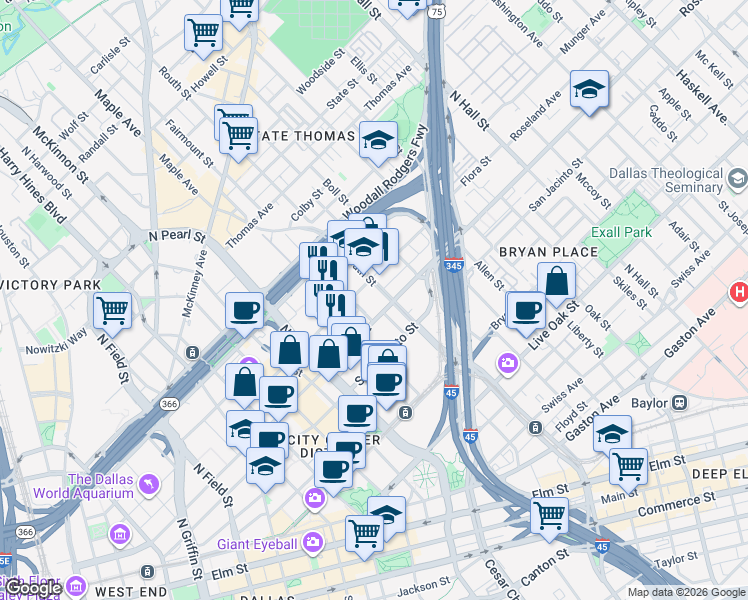 map of restaurants, bars, coffee shops, grocery stores, and more near 2520 Flora Street in Dallas