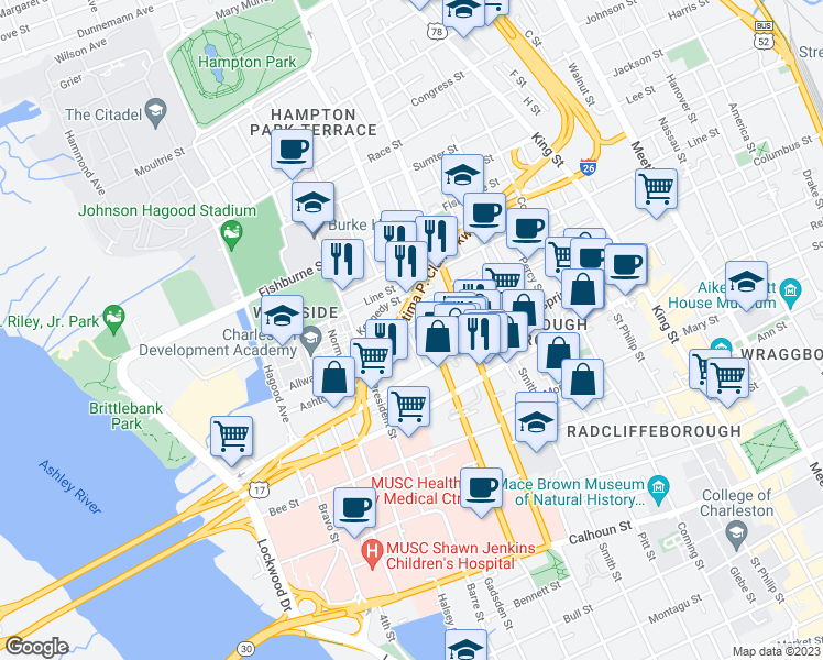 map of restaurants, bars, coffee shops, grocery stores, and more near 109 Bogard Street in Charleston