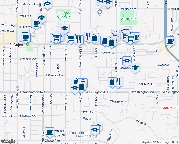 map of restaurants, bars, coffee shops, grocery stores, and more near 494 South Anza Street in El Cajon