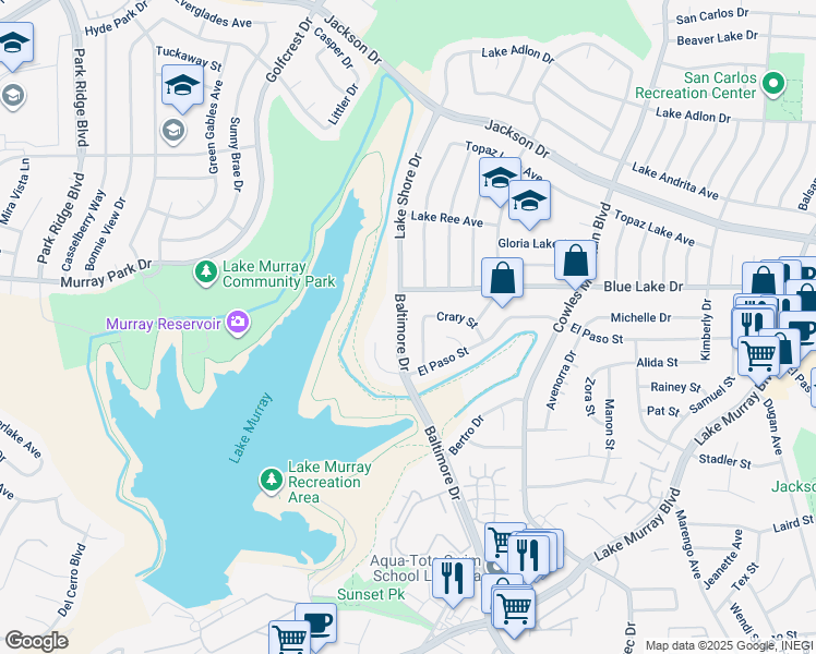map of restaurants, bars, coffee shops, grocery stores, and more near 6163 Baltimore Drive in La Mesa