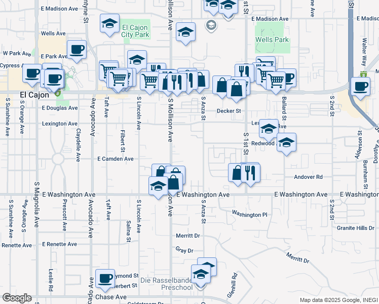 map of restaurants, bars, coffee shops, grocery stores, and more near 520 South Anza Street in El Cajon