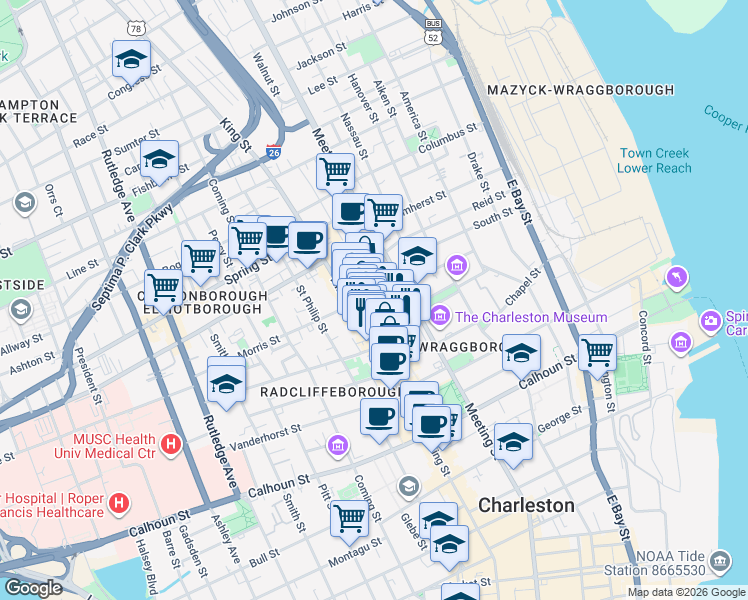 map of restaurants, bars, coffee shops, grocery stores, and more near 81 Mary Street in Charleston