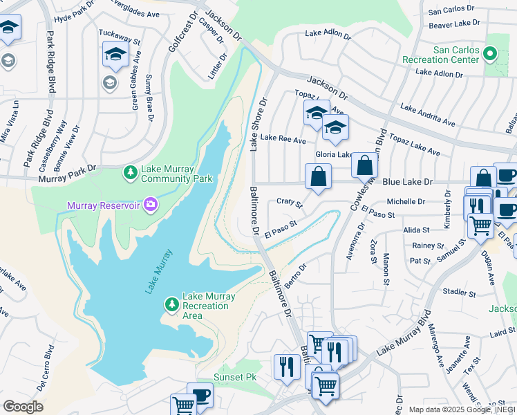 map of restaurants, bars, coffee shops, grocery stores, and more near 6163 Baltimore Drive in La Mesa