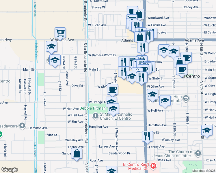 map of restaurants, bars, coffee shops, grocery stores, and more near 1720 West Brighton Avenue in El Centro