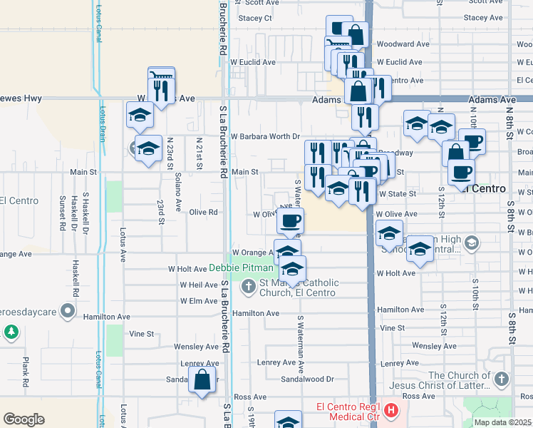 map of restaurants, bars, coffee shops, grocery stores, and more near 1744 West Brighton Avenue in El Centro