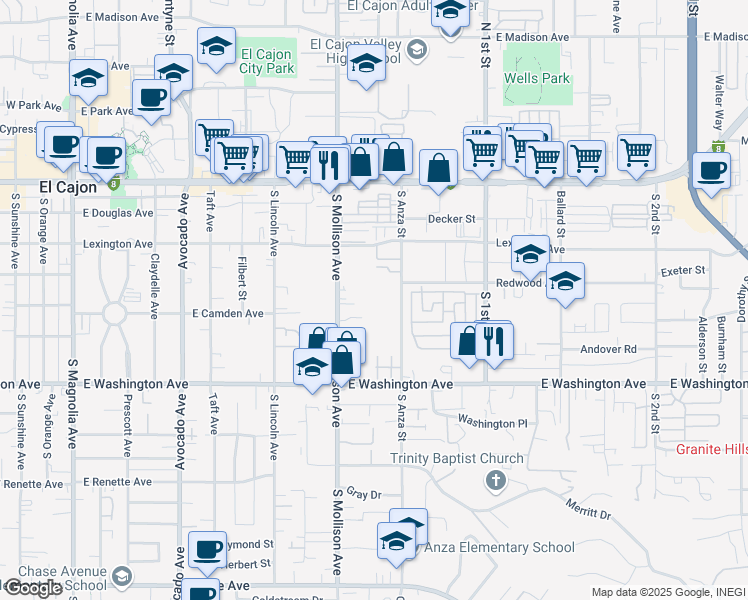 map of restaurants, bars, coffee shops, grocery stores, and more near 588 South Anza Street in El Cajon