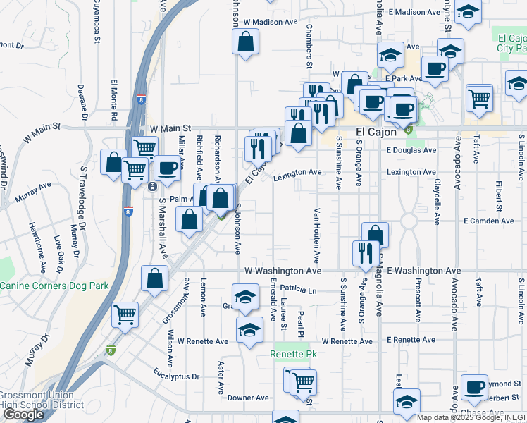 map of restaurants, bars, coffee shops, grocery stores, and more near in El Cajon