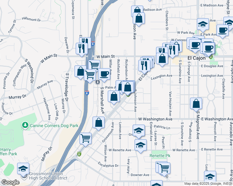 map of restaurants, bars, coffee shops, grocery stores, and more near 586 El Cajon Boulevard in El Cajon