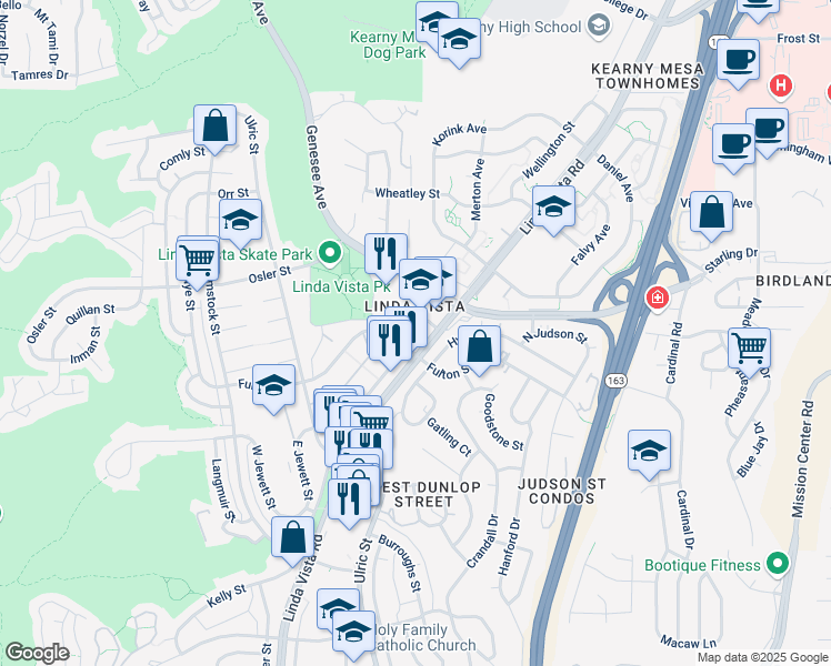 map of restaurants, bars, coffee shops, grocery stores, and more near 7174 Linda Vista Road in San Diego