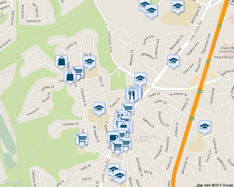 map of restaurants, bars, coffee shops, grocery stores, and more near 6940 Fulton Street in San Diego