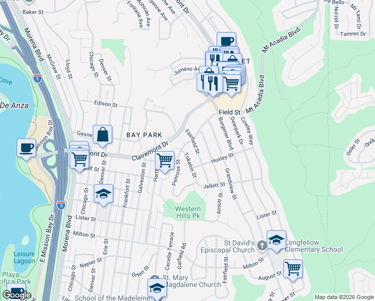 map of restaurants, bars, coffee shops, grocery stores, and more near 2734 Tokalon Street in San Diego
