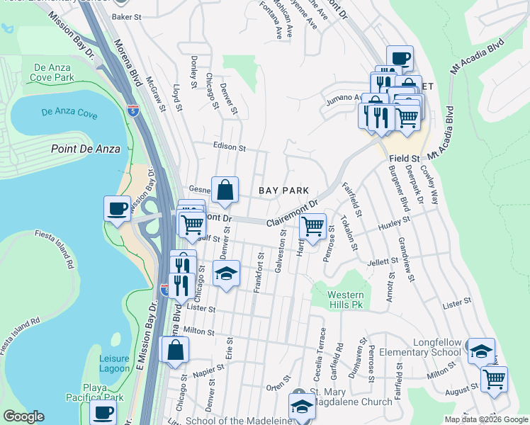 map of restaurants, bars, coffee shops, grocery stores, and more near 2708 Frankfort Street in San Diego