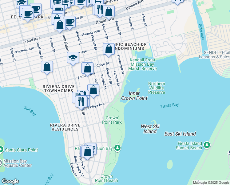map of restaurants, bars, coffee shops, grocery stores, and more near 3821-23 Sequoia Street in San Diego