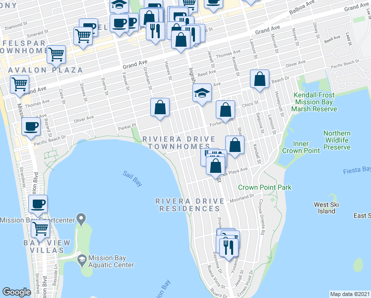 map of restaurants, bars, coffee shops, grocery stores, and more near 3892 Roosevelt Avenue in San Diego